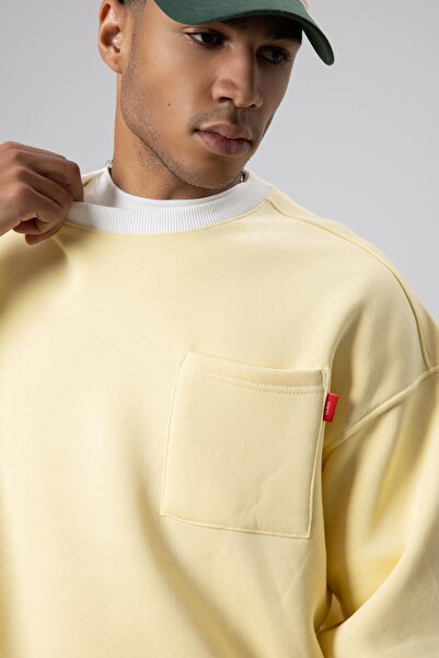 VAMOSCLO Crew Neck Pocket Detailed Oversize Sweatshirt Yellow