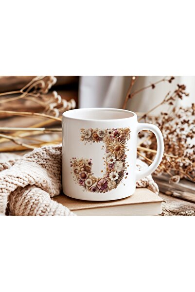 Beramussa كوب مزخرف بحرف J على شكل زهرة - كوب طبيعي مزين بالزهور مع حروف الأب...