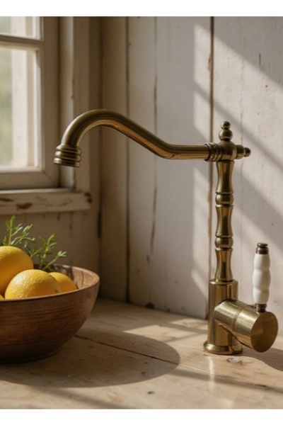 LPD LİDER Antik Gold Eskitme Rustik Mutfak Bataryası Sarı Evye Musluğu Altın ...