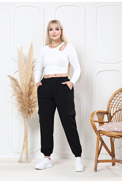 sinemisxxl بنطلون أسود من الليكرا مع جيوب للشحن وأرجل مطاطية