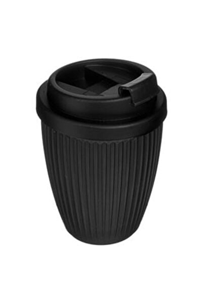 OEM Pahar negru din plastic cu capac și design cu dungi verticale 290 ml