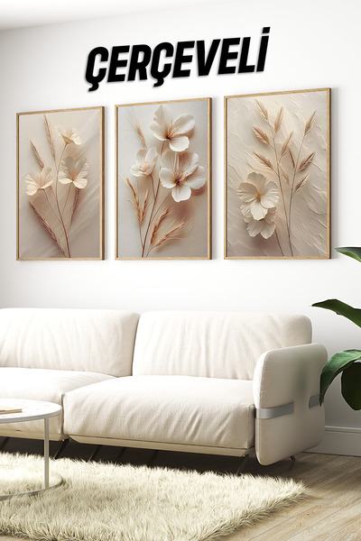 kutuTR 🖼️ 3'lü Çerçeveli Krem Çiçek ve Başak Desenli Tablo Seti – UV Baskılı MDF CRV1039
