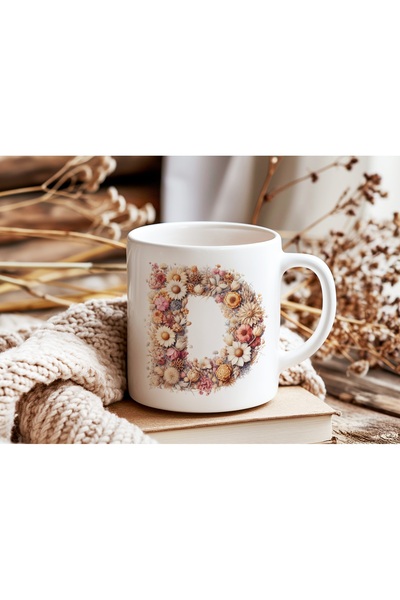 Beramussa كوب مزخرف بحرف D على شكل زهرة - كوب طبيعي مزين بأحرف الأبجدية - فكر...