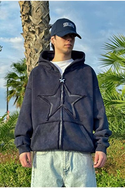 serline Fermoar supradimensionat cu broderie cu stea, cu spălare acidă premium