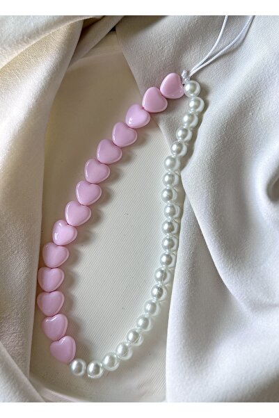 MİRAZ TASARIM PEMBE KALPLİ İNCİLİ TELEFON CHARMI TELEFON İPİ BİLEKLİK ASKI1