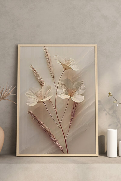 kutuTR 🖼️ 3'lü Çerçeveli Krem Çiçek ve Başak Desenli Tablo Seti – UV Baskılı MDF CRV1039