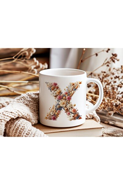 Beramussa كوب مزخرف بحرف X على شكل زهرة - كوب طبيعي مزين بأحرف الأبجدية - فكر...