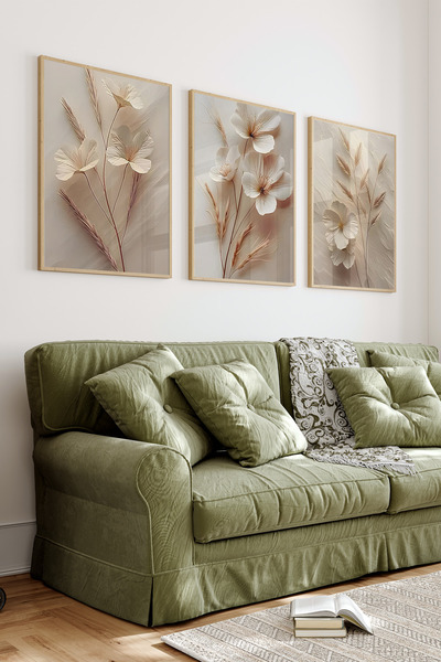 kutuTR 🖼️ 3'lü Çerçeveli Krem Çiçek ve Başak Desenli Tablo Seti – UV Baskılı MDF CRV1039