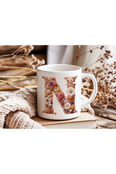 Beramussa كوب مزخرف بحرف N على شكل زهرة - كوب طبيعي مزين بأحرف الأبجدية - فكر...