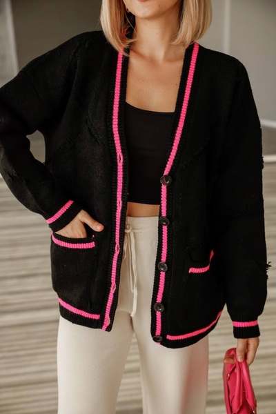 EsSo butik Women's Black Stripe Detailed Cardigan with Pockets in Standard Size