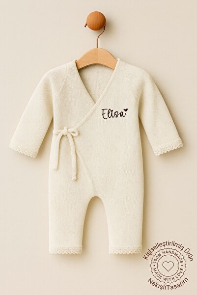 Minytrendy Kız Erkek Bebek İsim Nakışlı Triko Yenidoğan Tulum Kışlık Kimono Bağlamalı Bebek Hediyelik