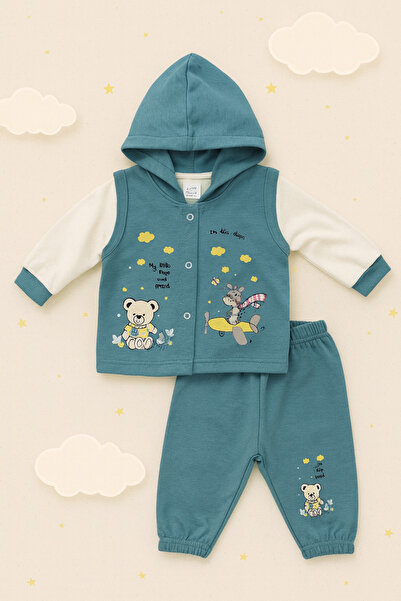Uğur bebe 100% Cotton Petrol Blue Seasonal Hooded Vest 3-Piece Baby Set (Body + Bottom + Vest)