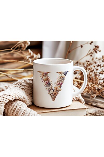 Beramussa كوب مزخرف بحرف V على شكل زهرة - كوب طبيعي مزين بالزهور مع حروف الأب...