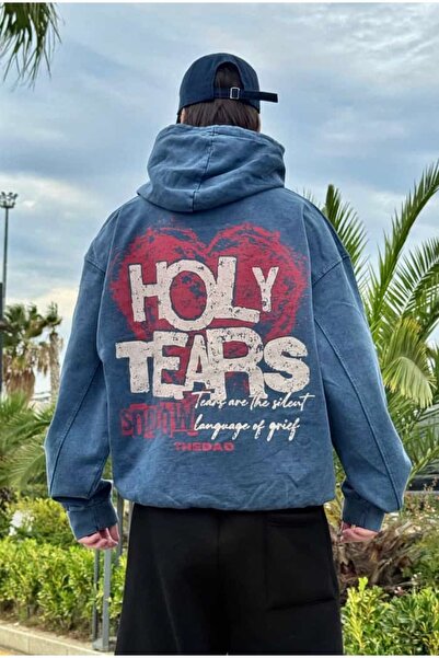 serline Premium Acid Wash Holly Tears Baskılı Hoodie
