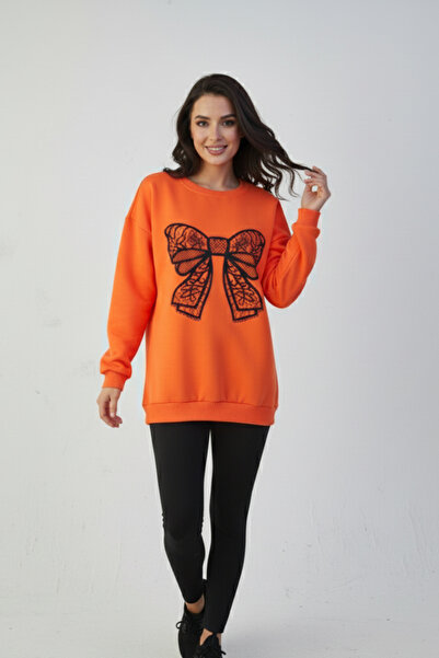 KOZİA OUTDOORS Γυναικείο φούτερ oversize με μαύρη δαντέλα και σχέδιο κορδέλας