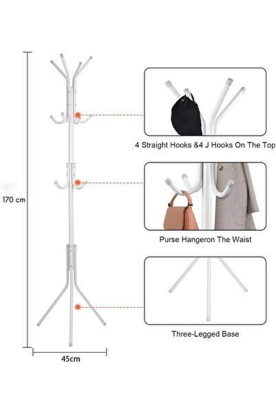 MARKQ Clothes Hanging Stand with 12 Hooks – Coat Rack for Hat Scarf Bag Jacket Umbrella Office Home White