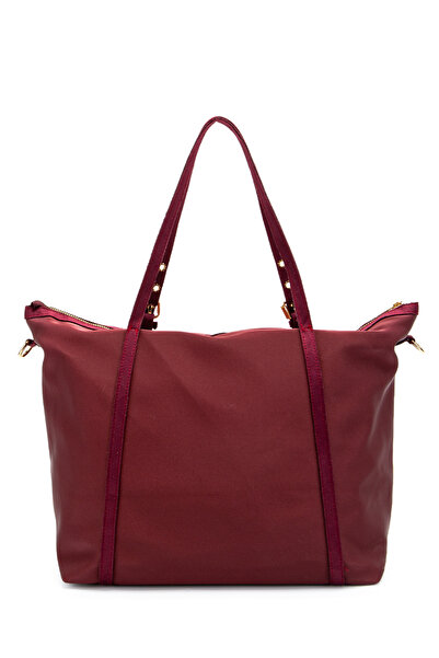 minebag Faux Leather Stripe Detailed Titus Handbag Claret Red