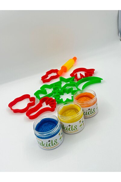 kukids play dough Natural Play Dough Set – 3 Colors (Orange, Yellow, Blue) + Rolling Pin + 8 Attachments