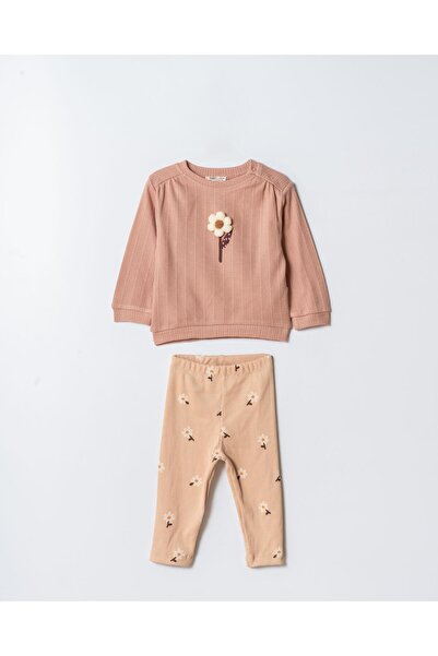 Magu Girls' Cotton Pink Floral Patterned Double Set - Sweatshirt and Leggings