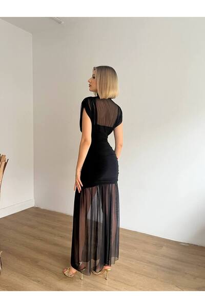 Miss Beyoğlu Kadın Tül Detaylı Abiye Elbise – Omuz Tül Detaylı , Uzun, Şık Gece & Davet Elbisesi – Yeni Sezon
