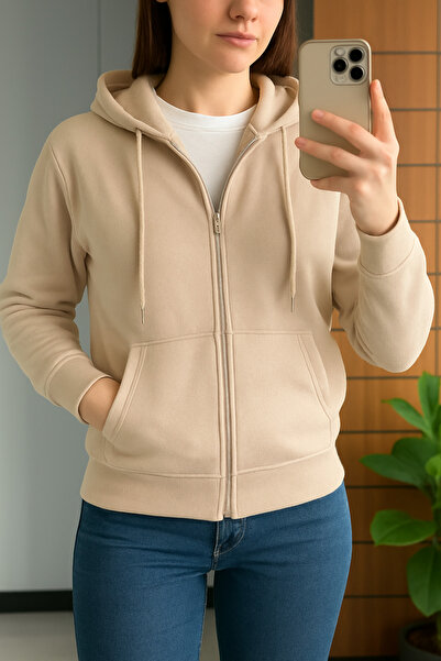 BRLKN Kadın Kapüşon Detay Fermuarlı Hırka