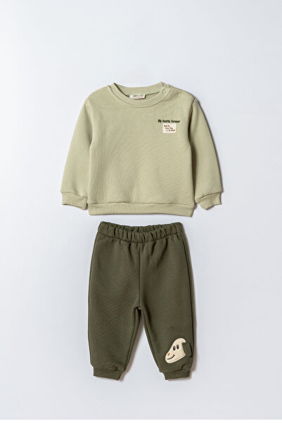 Magu Boys' Cotton Green Sweatshirt and Dog Embroidered Sweatpants Two-Piece Set