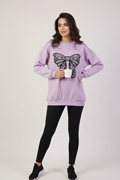 KOZİA OUTDOORS Γυναικείο φούτερ oversize με μαύρη δαντέλα και σχέδιο κορδέλας