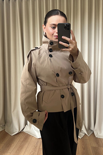 bsracetin co Vizon Dik Yaka Kuşaklı Kısa Trençkot