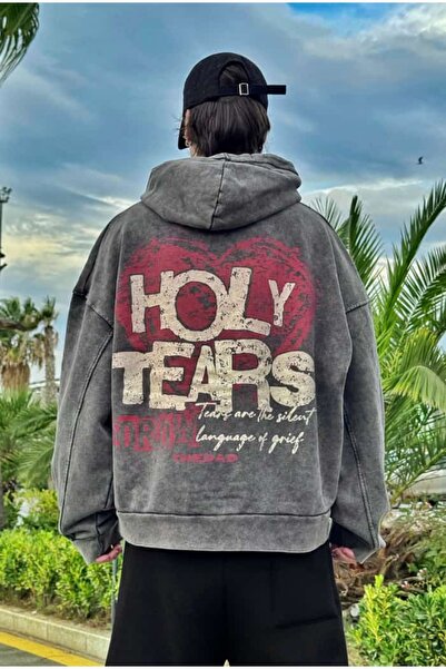 serline Premium Acid Wash Holly Tears Baskılı Hoodie