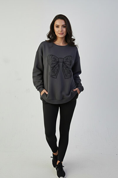 KOZİA OUTDOORS Γυναικείο φούτερ oversize με μαύρη δαντέλα και σχέδιο κορδέλας