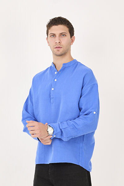 No Way Cămașă pentru bărbați, cu croială normală, bumbac 100% muselină, cu guler Hakim, cu jumătate de fermoar