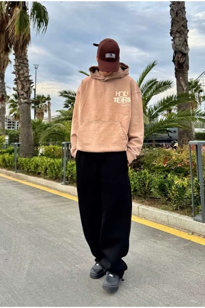 serline Premium Acid Wash Holly Tears Baskılı Hoodie
