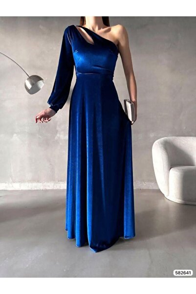Modafeminen Velvet Stretch Fabric One Shoulder Detailed Evening Dress 582641 ...