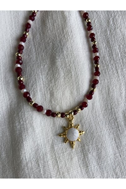 Anetta Jewelry Kadın tasarım bordo kristal boncuklu çelik güneş uçlu kolye