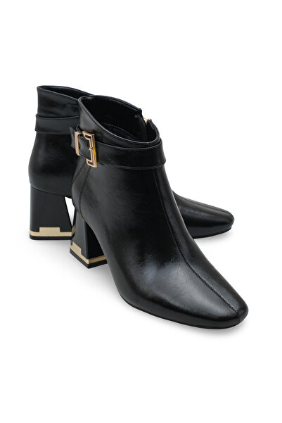 Women Lay-z Kadın Topuklu Kışlık Bot Kare Burun Siyah Kırışık Deri Görünümlü Gold Toka Detaylı 6 Cm Kalın Topuk