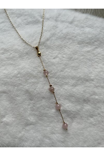 Pel Design Pembe Kuvars Taşı Çelik Y Kolye / El İşçiliği