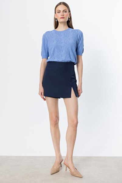 ON TRİKO Yırtmaç Detaylı Şort Etek Lacivert