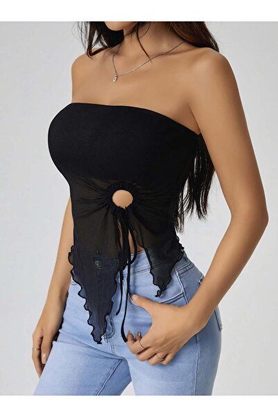 Eng Women's Black Crop Top with Front Ring Detail 5094