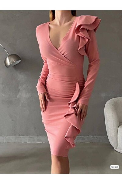 Modafeminen Rochie din țesătură creponată cu mâneci lungi, cu guler dublu și ...