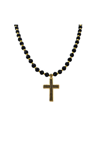 velve Unisex stainless steel necklace, Desire, rosary type, with cross pendant, Small crystals
