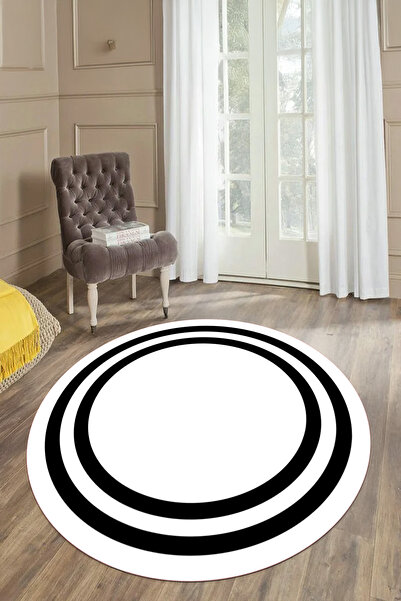 Round Lounge Rug with Printed Washable and Non-Slip Base Straight Line Motif Frame
