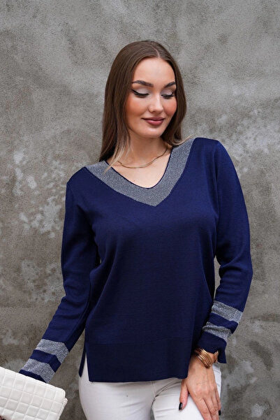 Bİ.GİYSEN Pulover subțire din tricot din lycra argintiu, cu guler în V și mân...