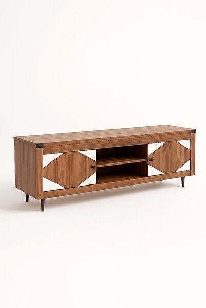 MARIA HOMES Modern Walnut TV Cabinet 160×39.5×55 cm Wooden Entertainment Unit with Geometric White Doors