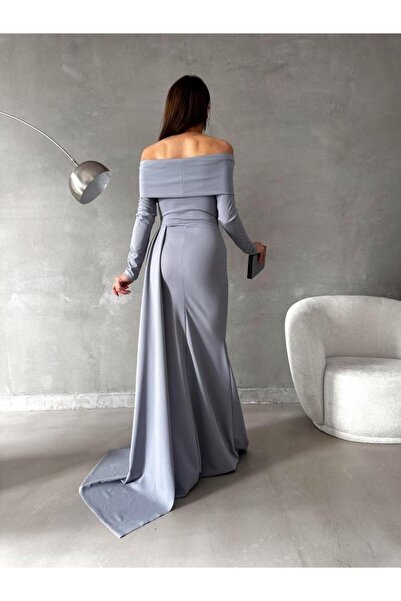 Modafeminen Crepe Stretch Fabric Degaje Collar Tail Detail Evening Dress 582652 Gray