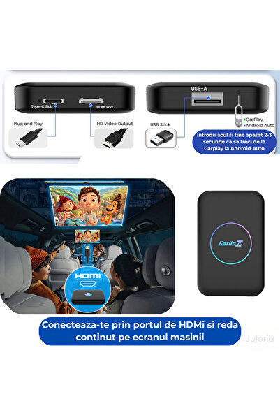 Juloria Adaptor Auto – Wireless Android Auto & CarPlay, HDMI, WiFi Dual Band, Bluetooth