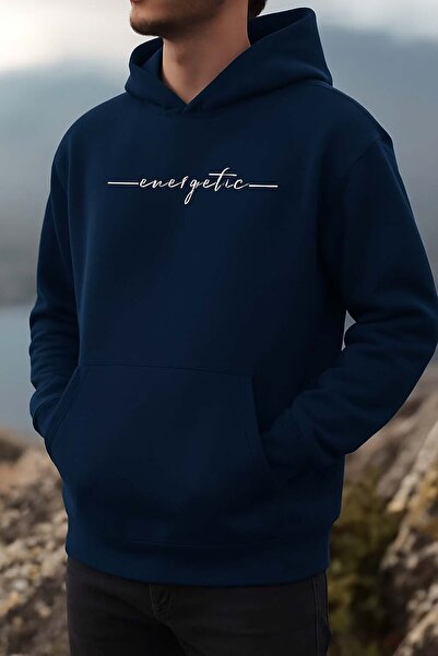 Trend Sizde Hanorac unisex cu glugă cu imprimeu energizant, albastru marin