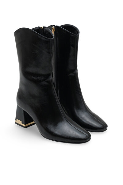 Women Lay-z Жіночі зимові черевики на підборах, квадратний носок, чорна шкіра зі зморшками, золоті деталі, підбор 6,5 см