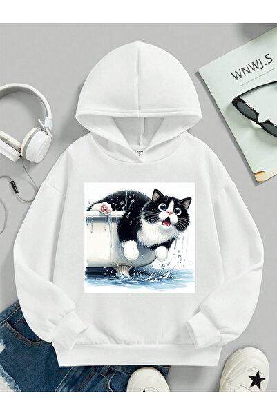 stil x Детска суитшърт с качулка и принт на сладки котки