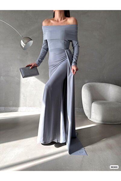 Modafeminen Crepe Stretch Fabric Degaje Collar Tail Detail Evening Dress 582652 Gray