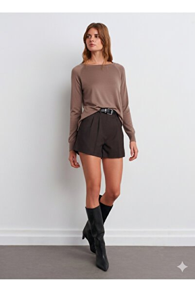 Dilvin 10536 Crew Neck Basic Thin Knit Sweater-Mink